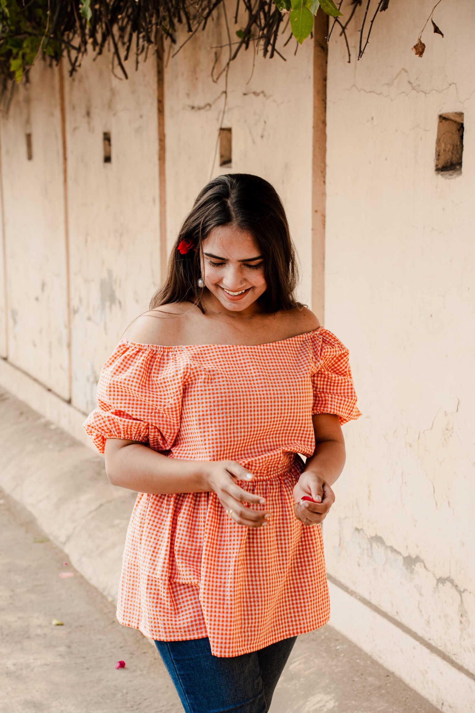 Orange Gingham Off-Shoulder Top
