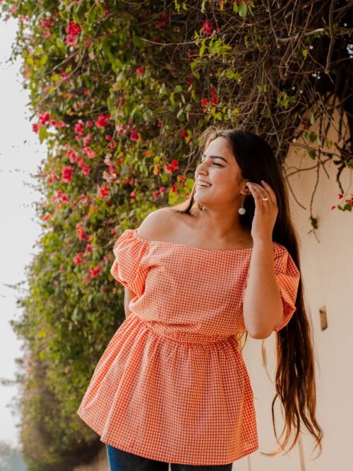 Orange Gingham Off-Shoulder Top