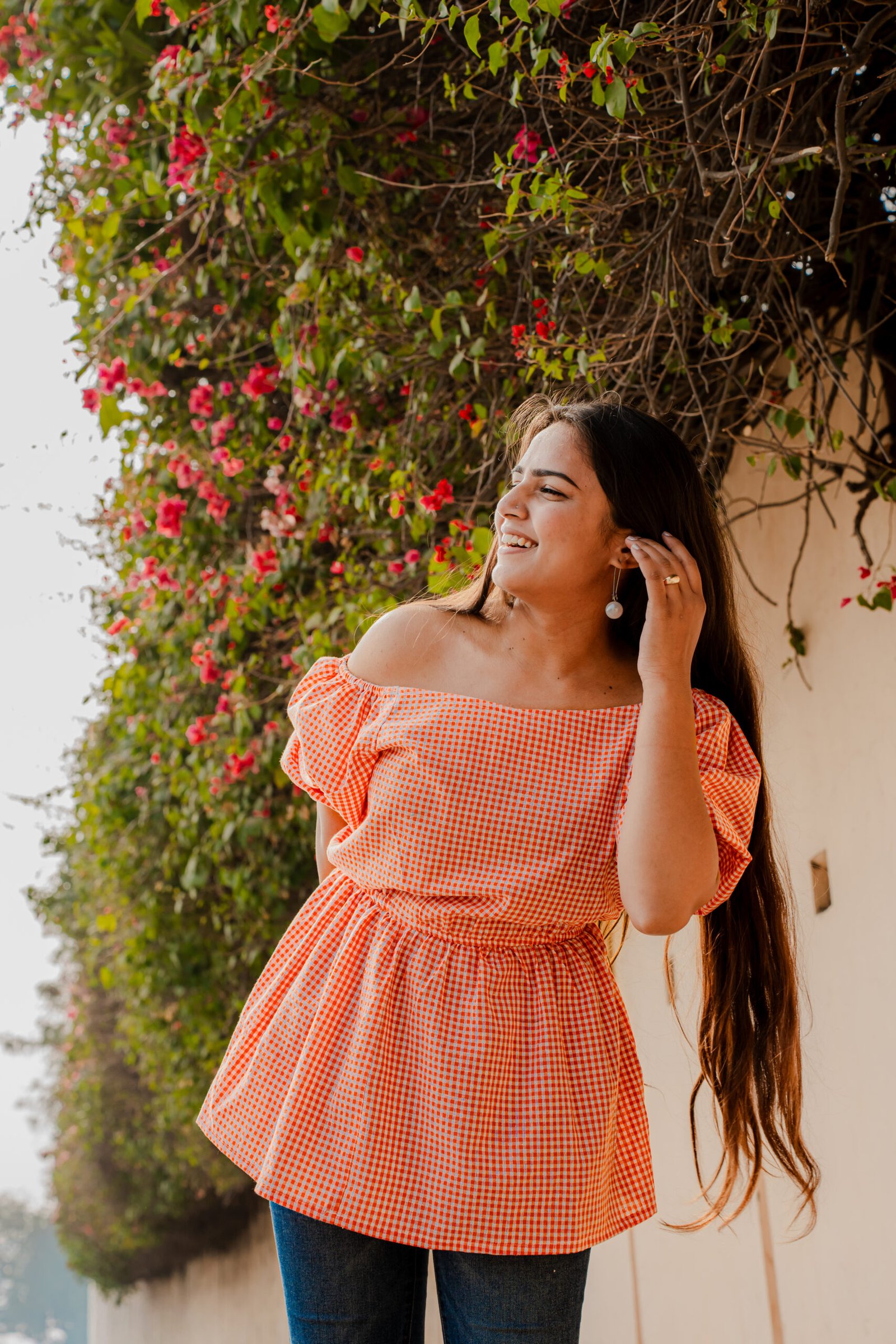 Orange Gingham Off-Shoulder Top