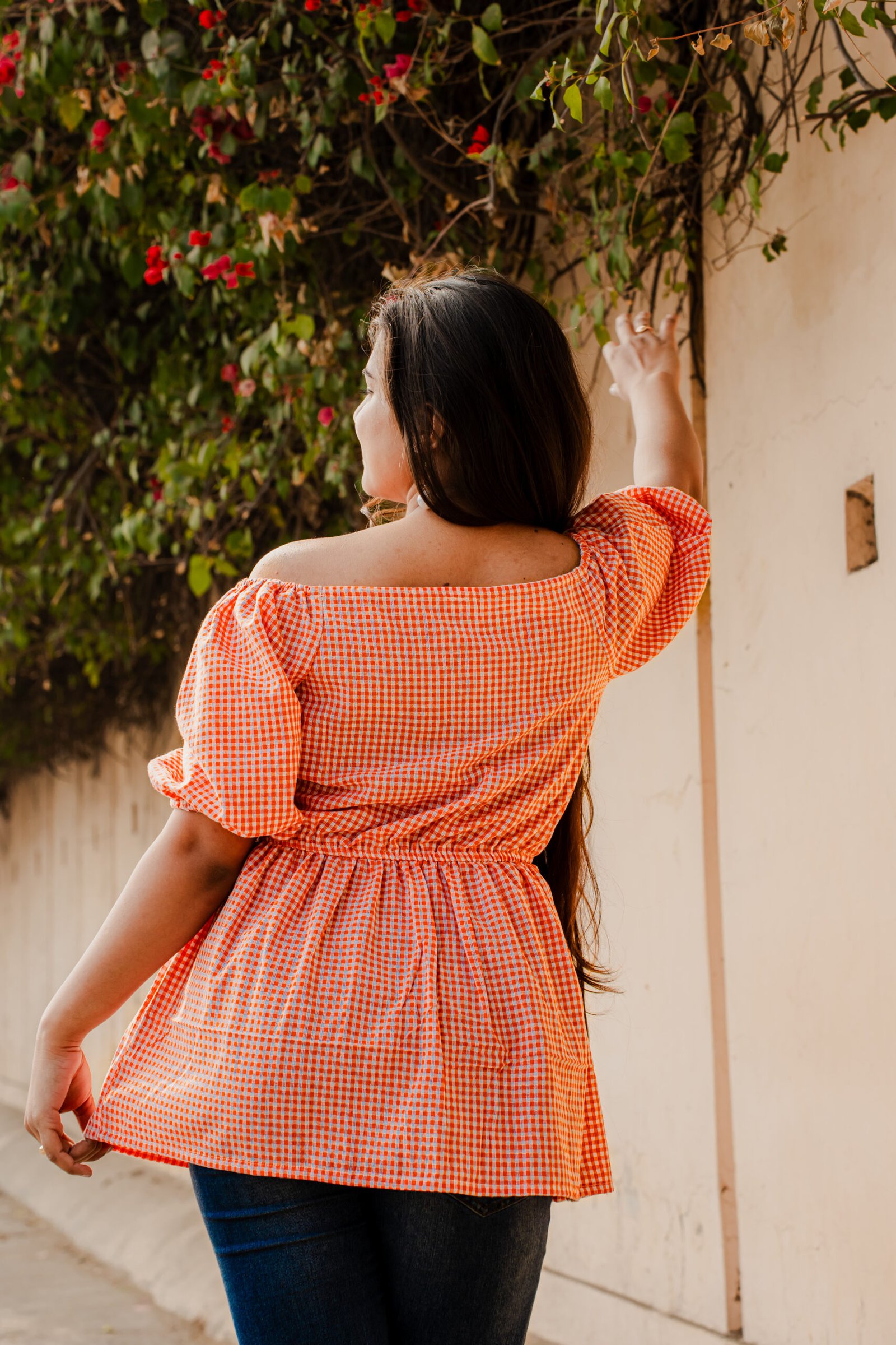 Orange Gingham Off-Shoulder Top