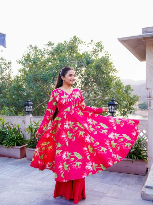Hot Pink Floral Printed Anarkali Set plazo + gown