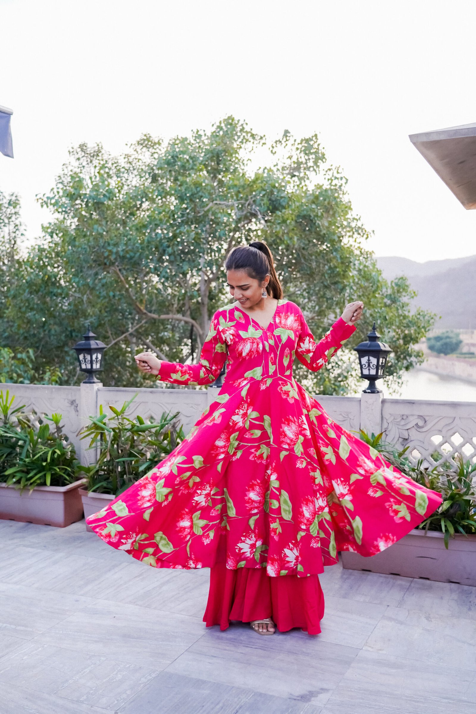 Hot Pink Floral Printed Anarkali Set plazo + gown