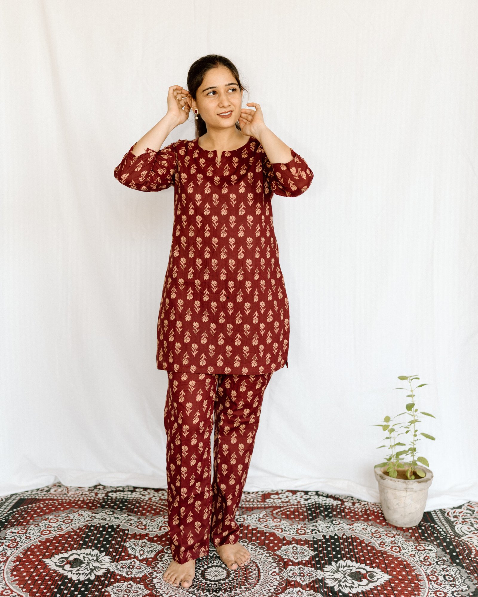 Maroon & Beige Printed Cotton Co-Ord Set