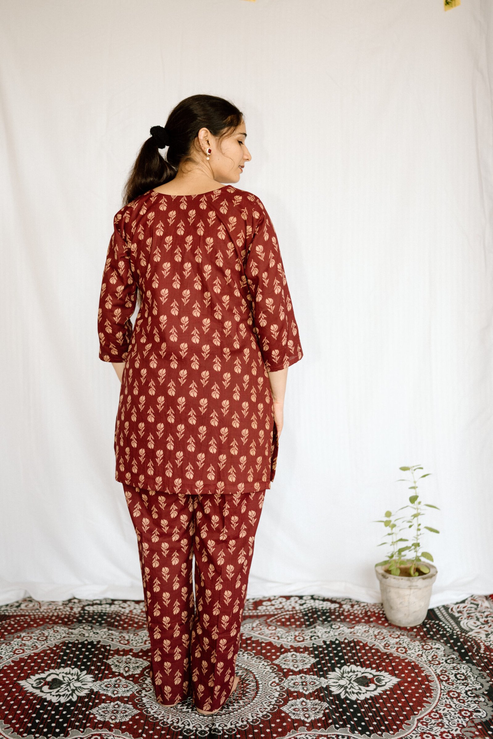 Maroon & Beige Printed Cotton Co-Ord Set