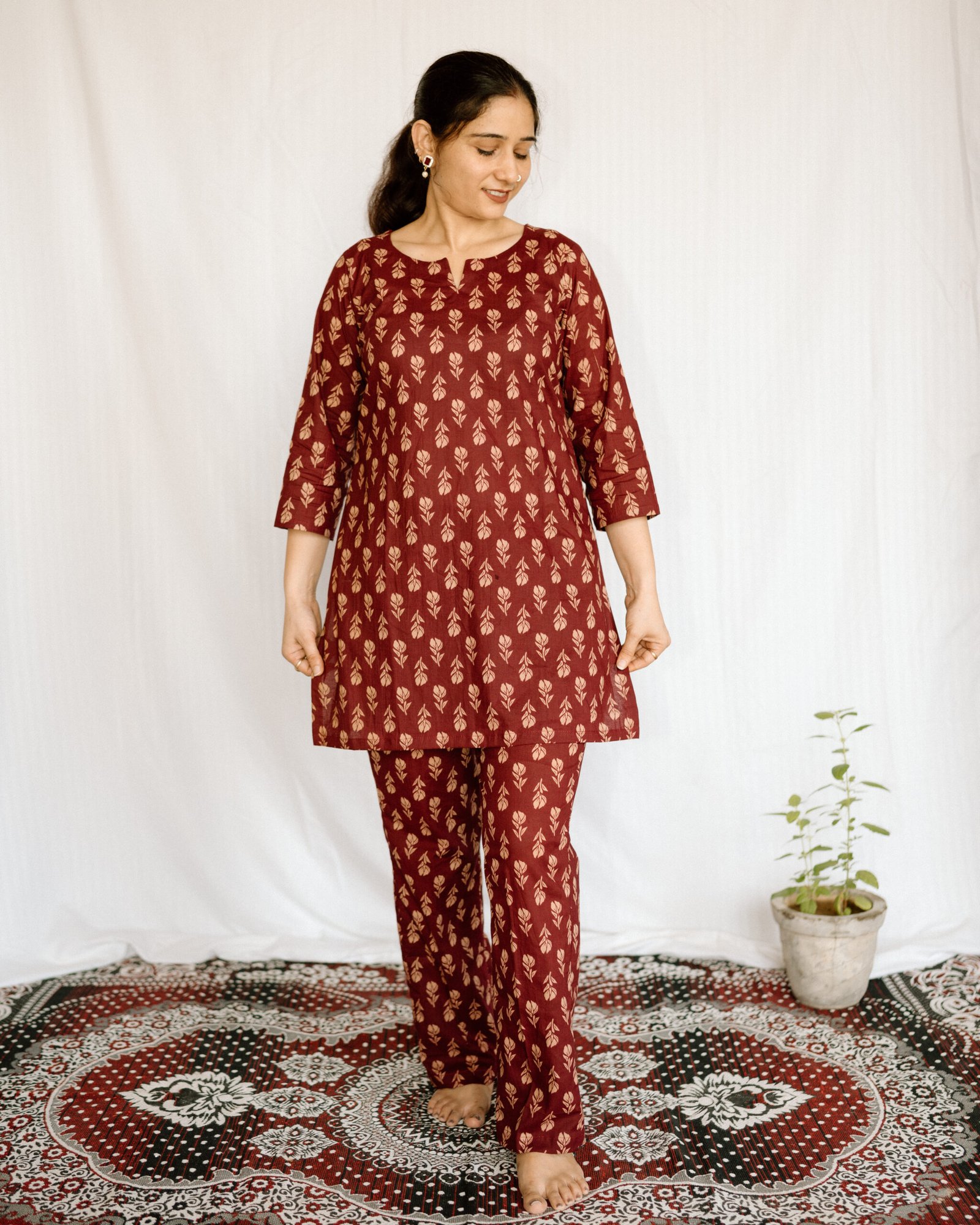 Maroon & Beige Printed Cotton Co-Ord Set