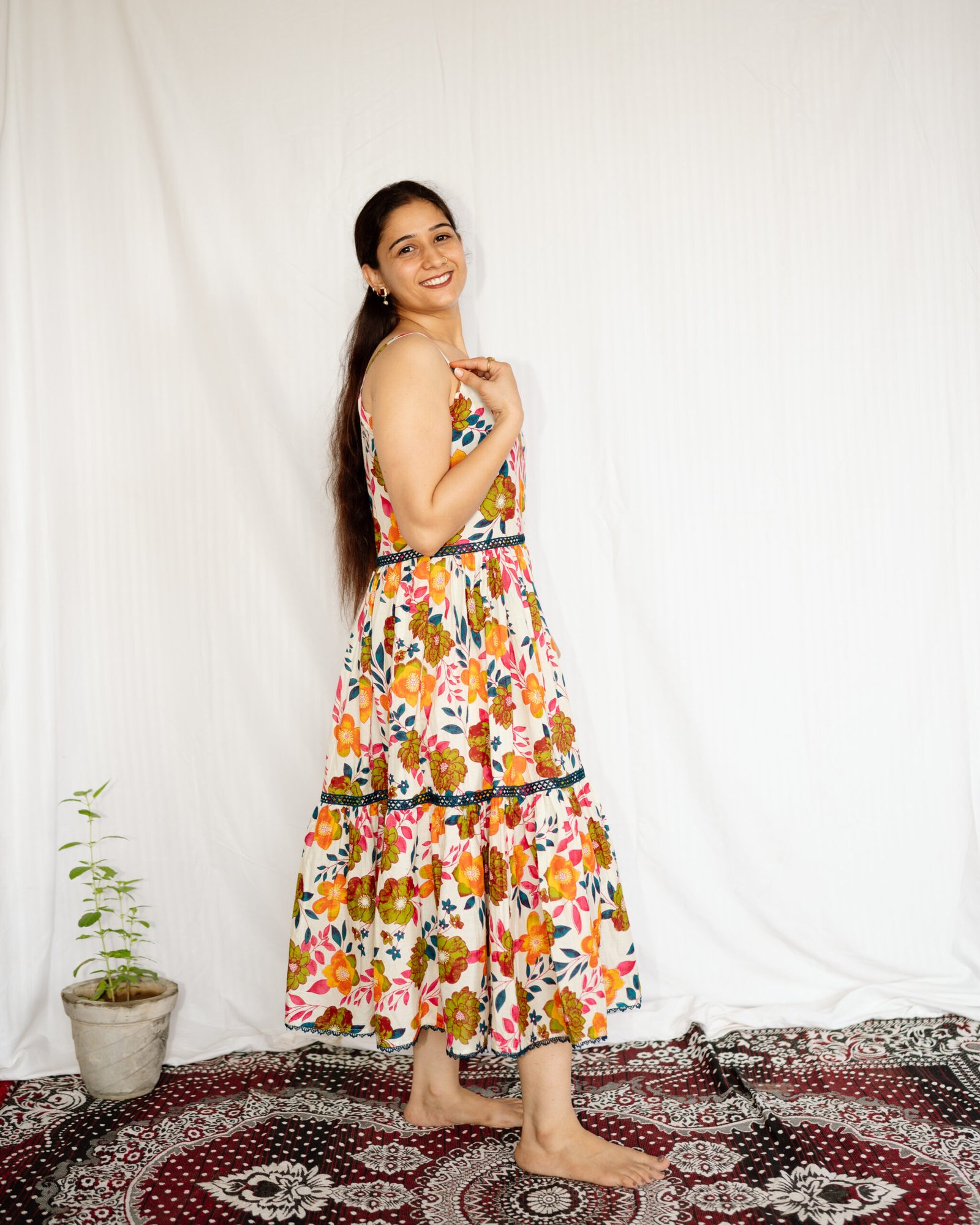 Cream Multi-Color Floral Printed Cotton Midi Dress