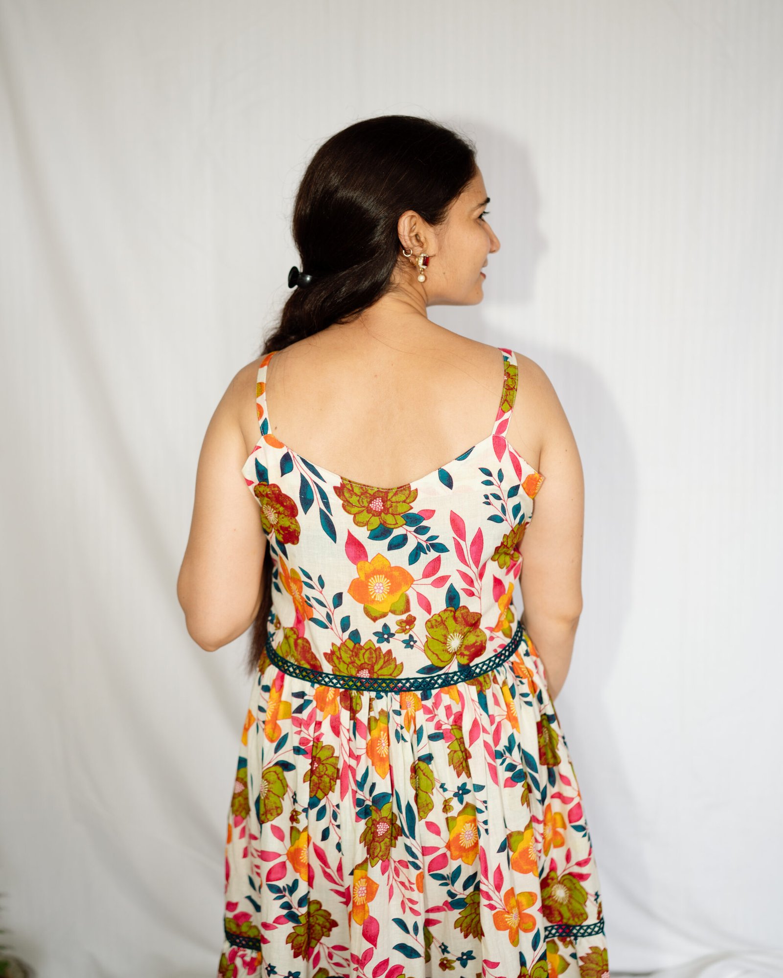 Cream Multi-Color Floral Printed Cotton Midi Dress