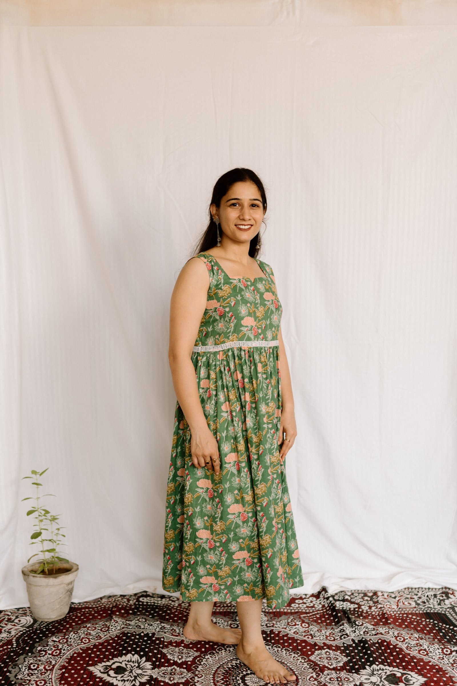 Sage Green Floral Printed Cotton Midi Dress