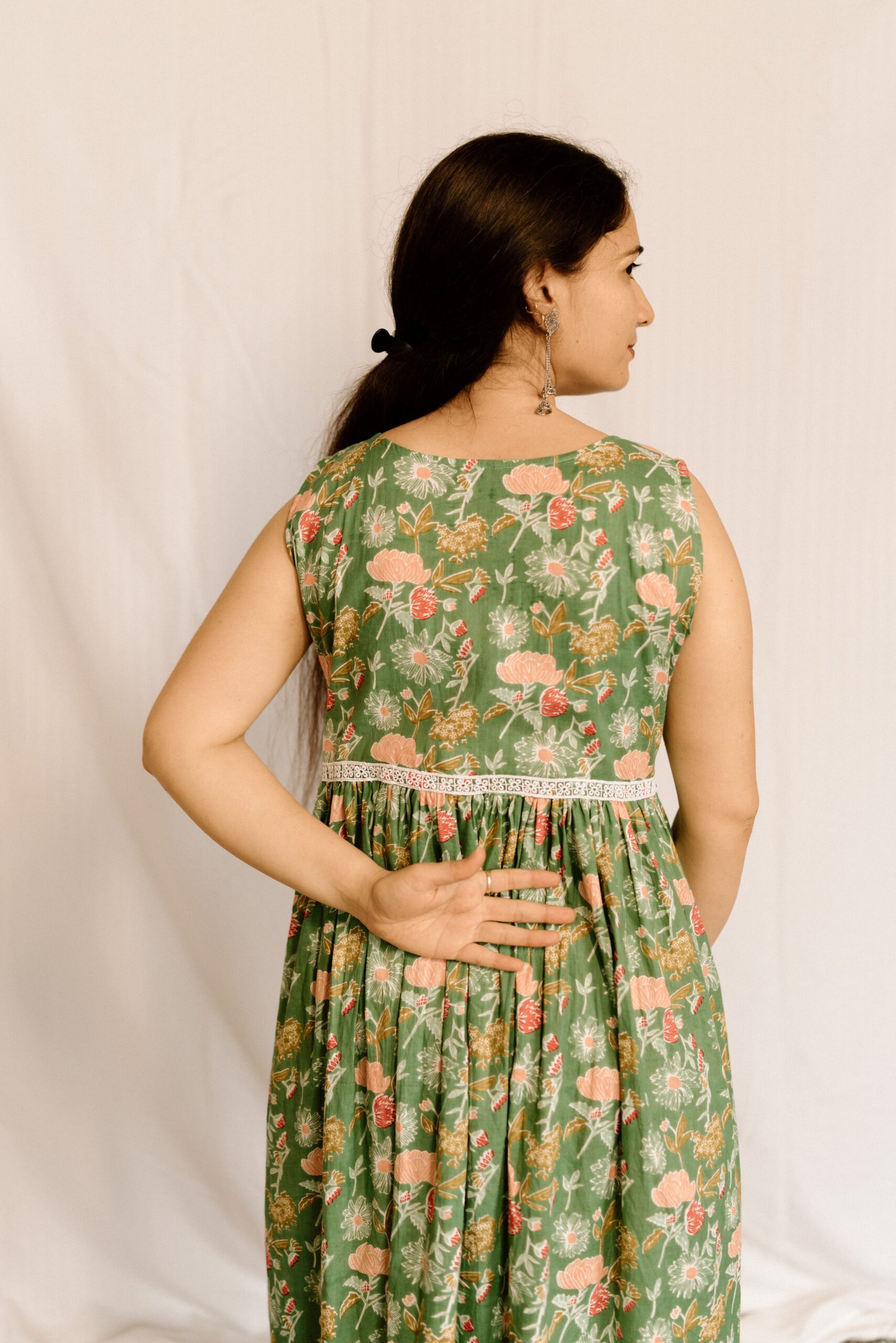 Sage Green Floral Printed Cotton Midi Dress