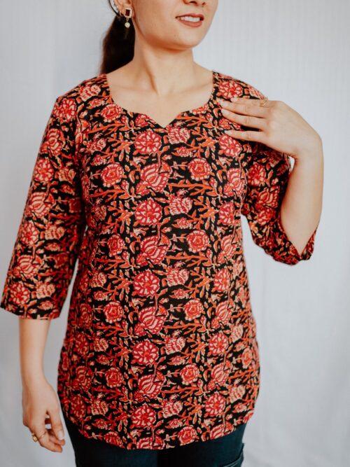 Black & Red Floral Printed Cotton Top